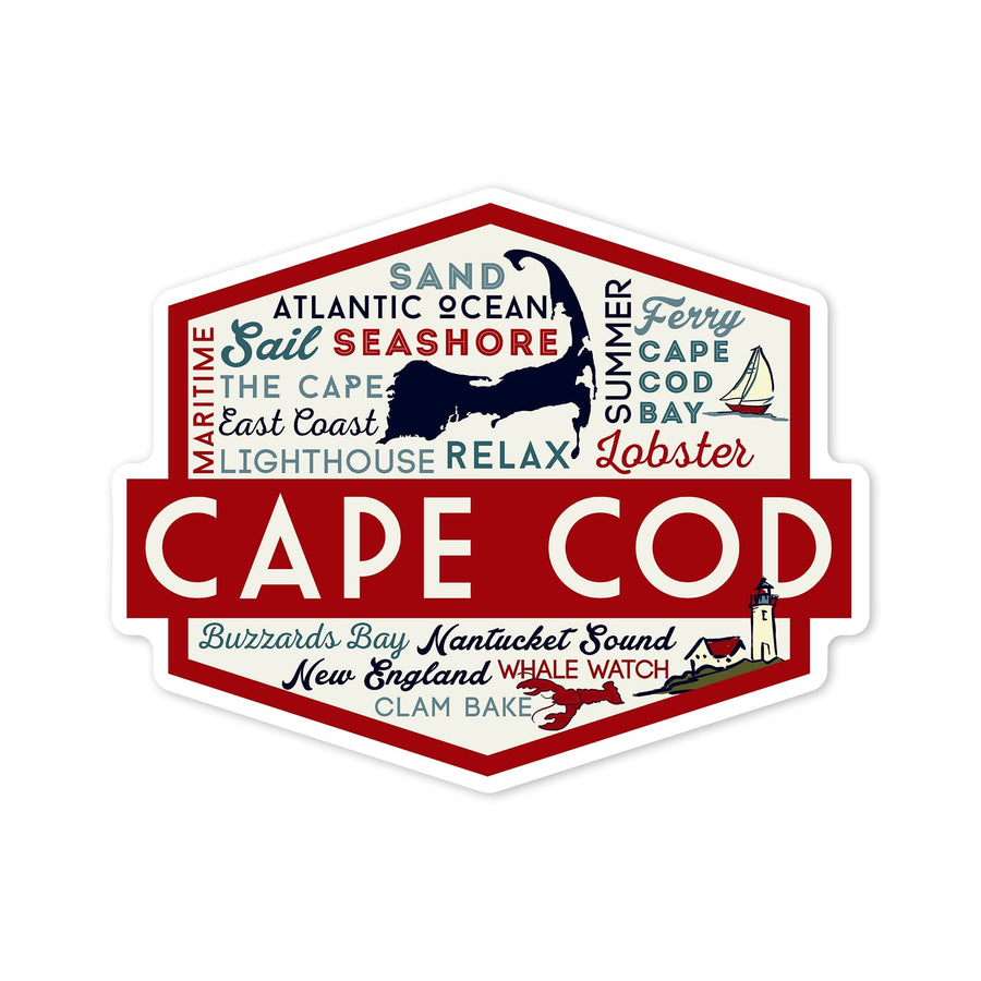 Cape Cod, Massachusetts, Typography and Icons, Contour, Vinyl Sticker Sticker Lantern Press 