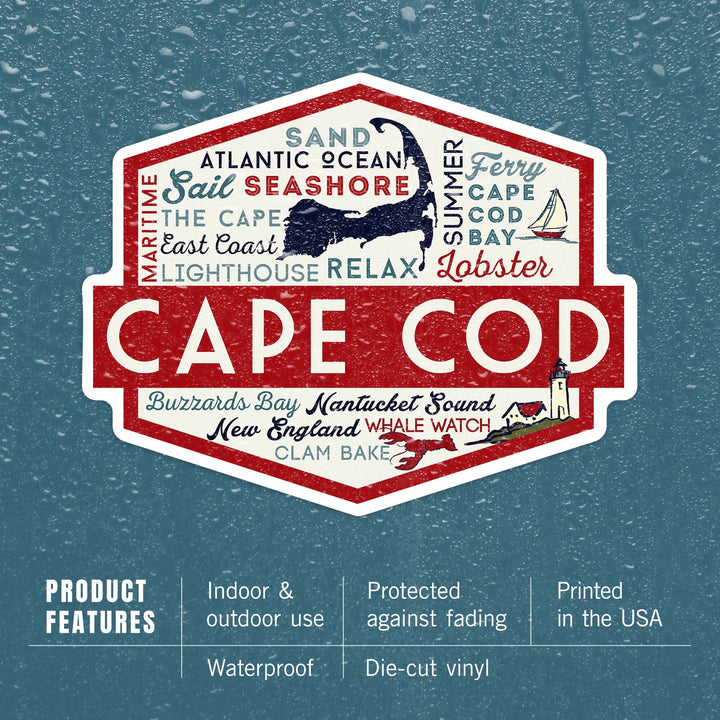 Cape Cod, Massachusetts, Typography and Icons, Contour, Vinyl Sticker Sticker Lantern Press 