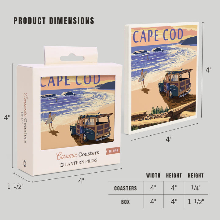 Cape Cod, Massachusetts, Woody on Beach, Lantern Press Artwork, Coaster Set - Lantern Press