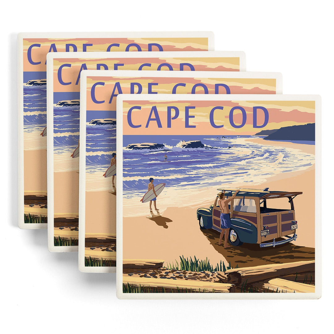 Cape Cod, Massachusetts, Woody on Beach, Lantern Press Artwork, Coaster Set - Lantern Press