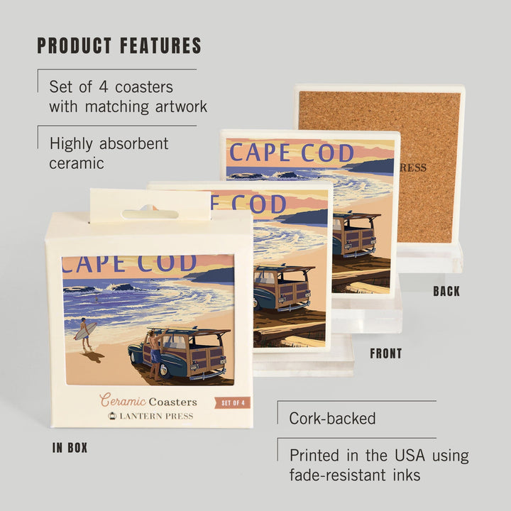 Cape Cod, Massachusetts, Woody on Beach, Lantern Press Artwork, Coaster Set - Lantern Press