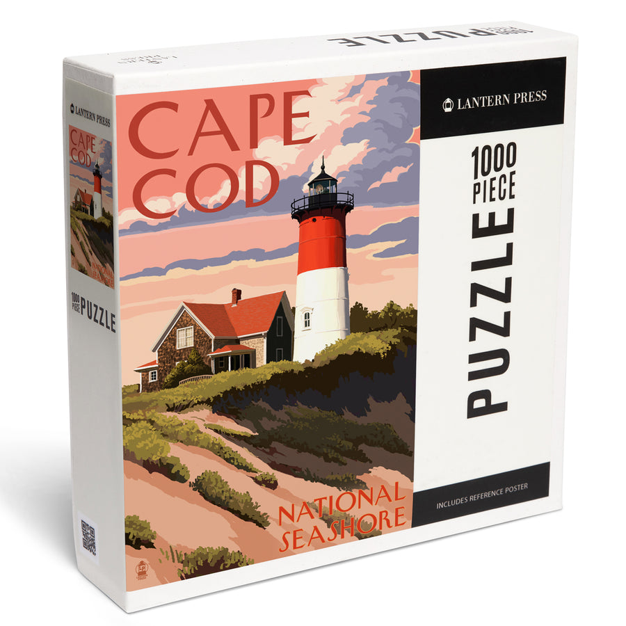 Cape Cod National Seashore, Massachusetts, Nauset Light and Sunset, Jigsaw Puzzle Puzzle Lantern Press 