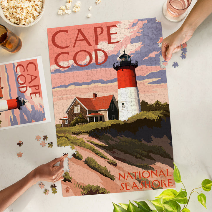 Cape Cod National Seashore, Massachusetts, Nauset Light and Sunset, Jigsaw Puzzle Puzzle Lantern Press 
