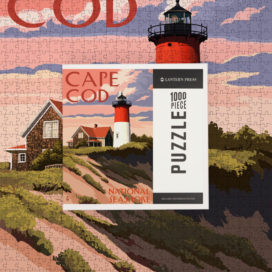 Cape Cod National Seashore, Massachusetts, Nauset Light and Sunset, Jigsaw Puzzle Puzzle Lantern Press 
