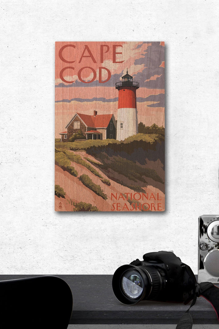 Cape Cod National Seashore, Massachusetts, Nauset Light & Sunset, Lantern Press Artwork, Wood Signs and Postcards Wood Lantern Press 12 x 18 Wood Gallery Print 