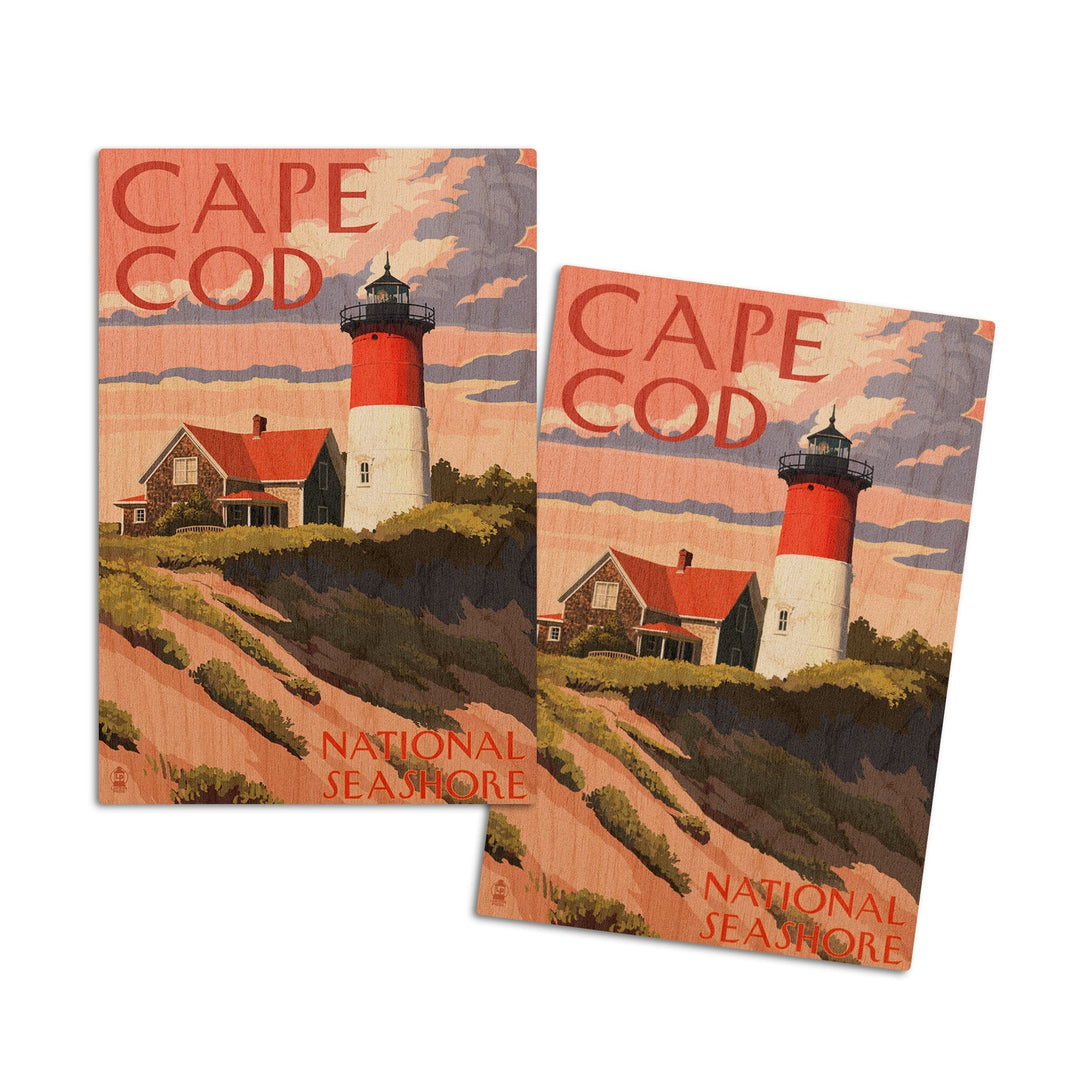 Cape Cod National Seashore, Massachusetts, Nauset Light & Sunset, Lantern Press Artwork, Wood Signs and Postcards Wood Lantern Press 4x6 Wood Postcard Set 