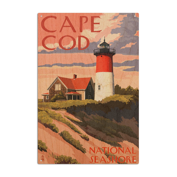 Cape Cod National Seashore, Massachusetts, Nauset Light & Sunset, Lantern Press Artwork, Wood Signs and Postcards Wood Lantern Press 6x9 Wood Sign 