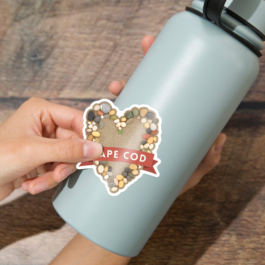 Cape Cod, Stone Heart on Sand, Contour, Vinyl Sticker Sticker Lantern Press 