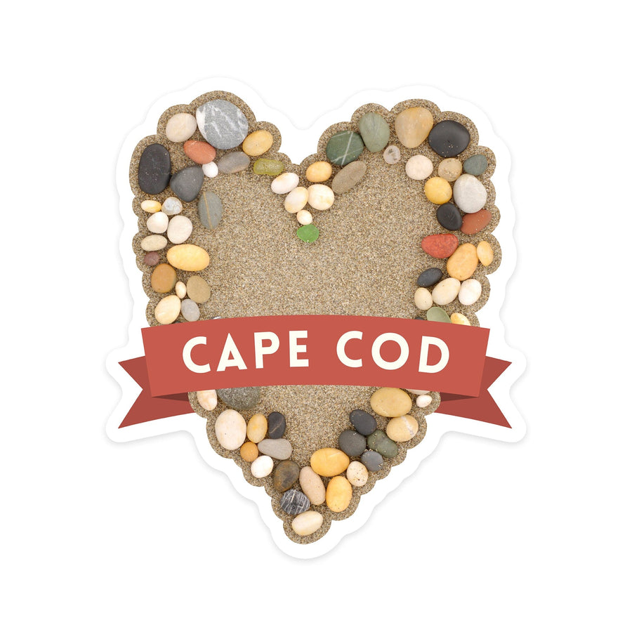 Cape Cod, Stone Heart on Sand, Contour, Vinyl Sticker Sticker Lantern Press 