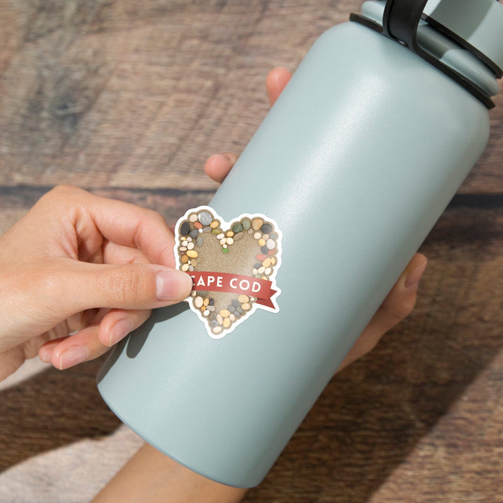 Cape Cod, Stone Heart on Sand, Contour, Vinyl Sticker Sticker Lantern Press 