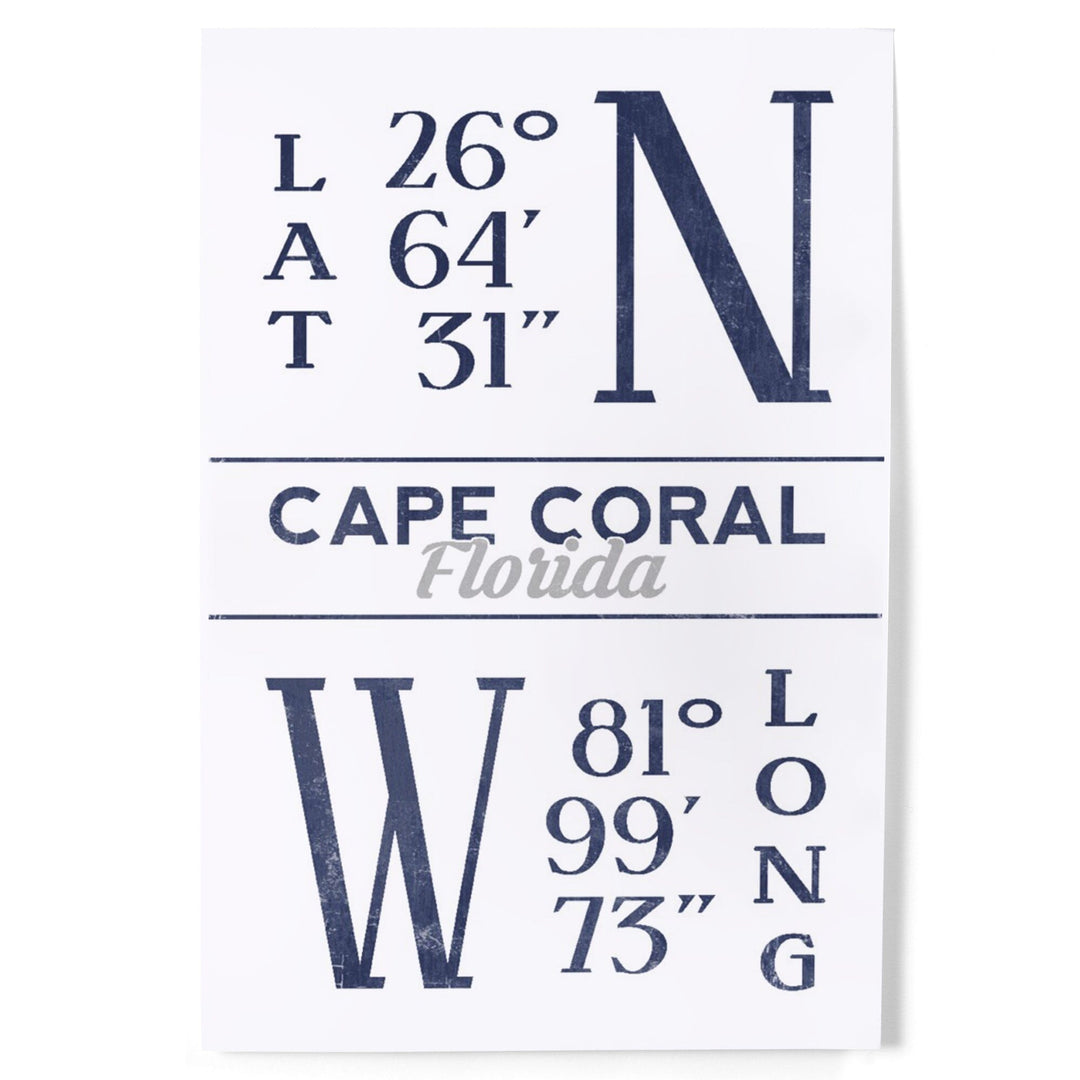 Cape Coral, Florida, Latitude and Longitude (Blue), Art & Giclee Prints Art Lantern Press 