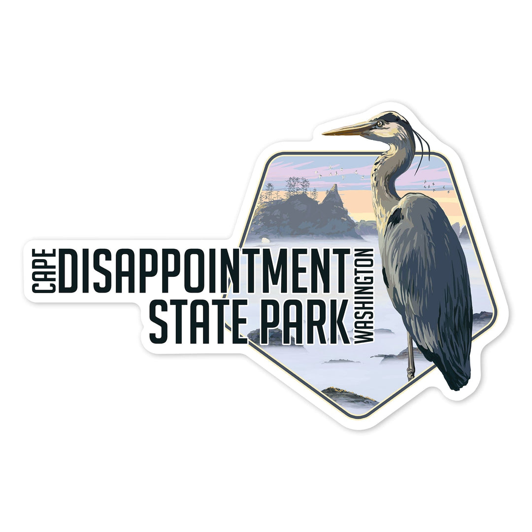 Cape Disappointment State Park, Washington, Heron and Foggy Shoreline, Contour, Vinyl Sticker - Lantern Press