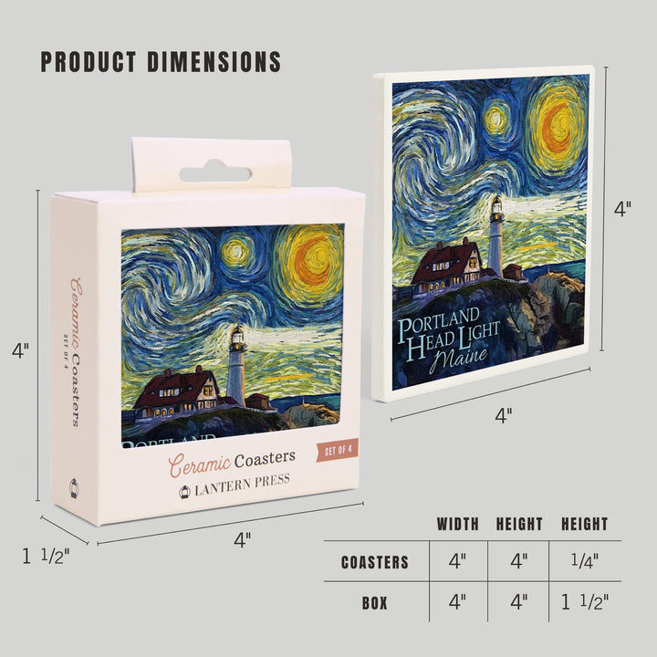 Cape Elizabeth, Maine, Portland Head Lighthouse, Starry Night, Lantern Press Artwork, Coaster Set - Lantern Press