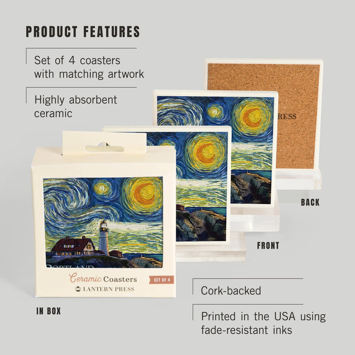 Cape Elizabeth, Maine, Portland Head Lighthouse, Starry Night, Lantern Press Artwork, Coaster Set - Lantern Press