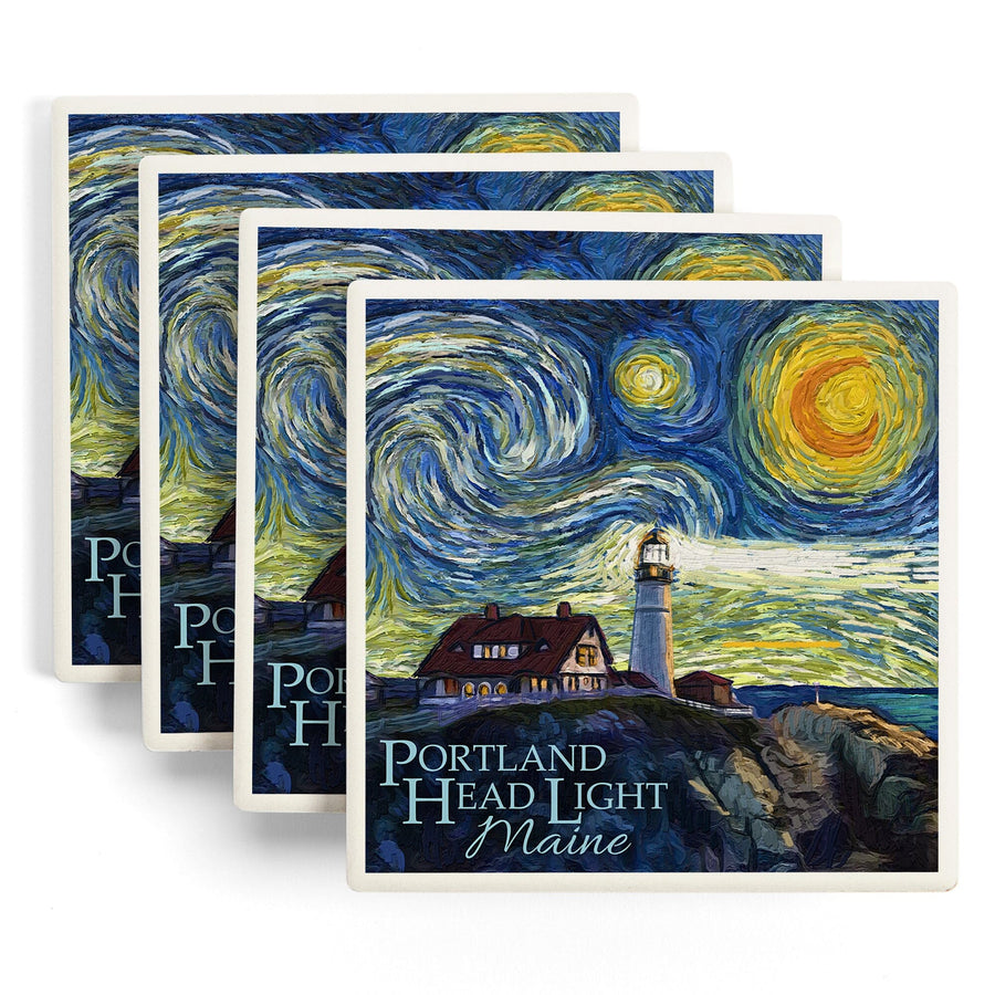 Cape Elizabeth, Maine, Portland Head Lighthouse, Starry Night, Lantern Press Artwork, Coaster Set - Lantern Press