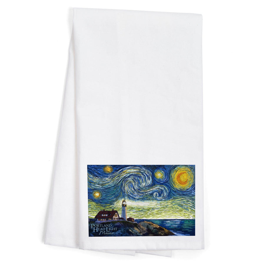 Cape Elizabeth, Maine, Portland Head Lighthouse, Starry Night, Organic Cotton Kitchen Tea Towels Kitchen Lantern Press 