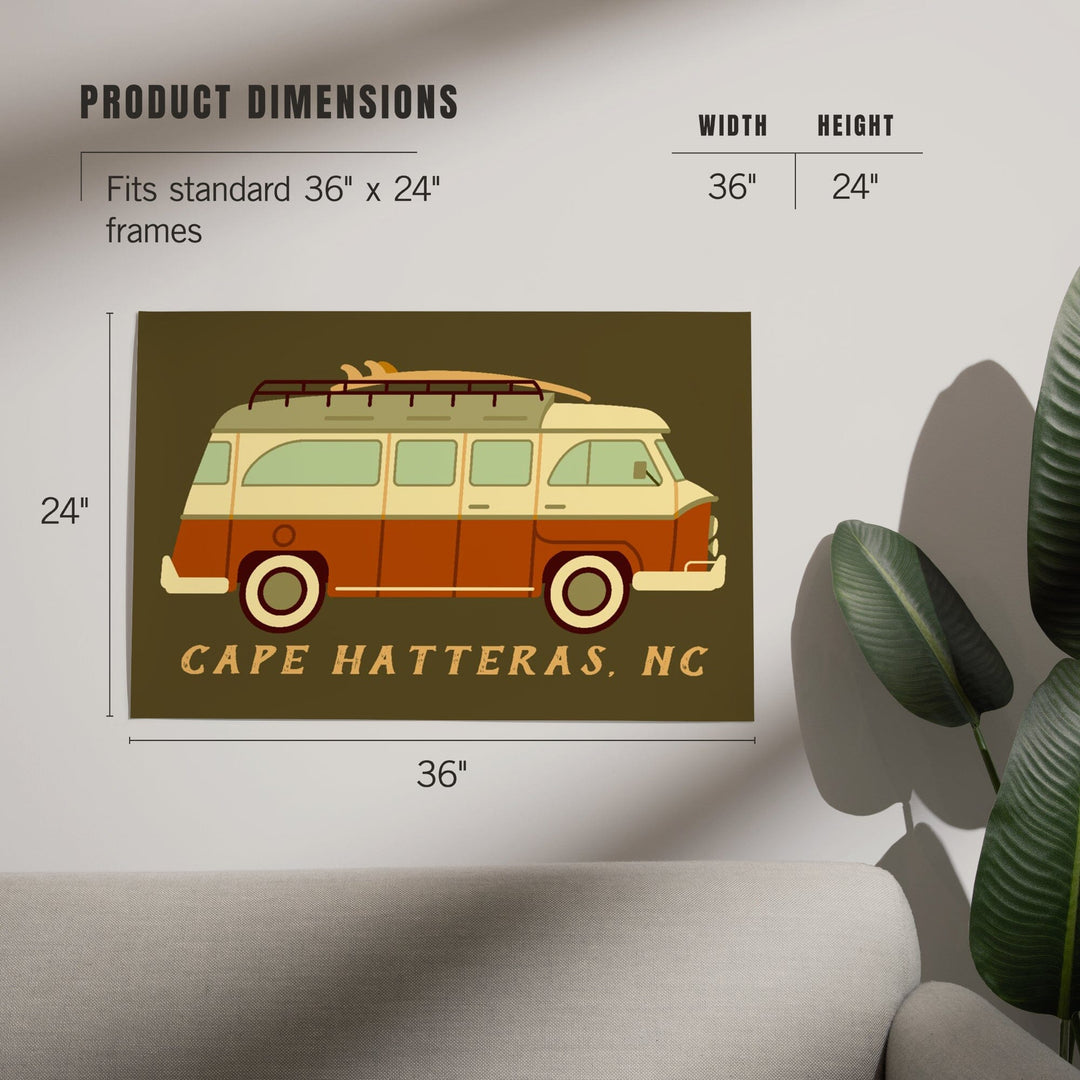 Cape Hatteras, North Carolina, Camper Van with Surfboard, Geometric, Art & Giclee Prints Art Lantern Press 
