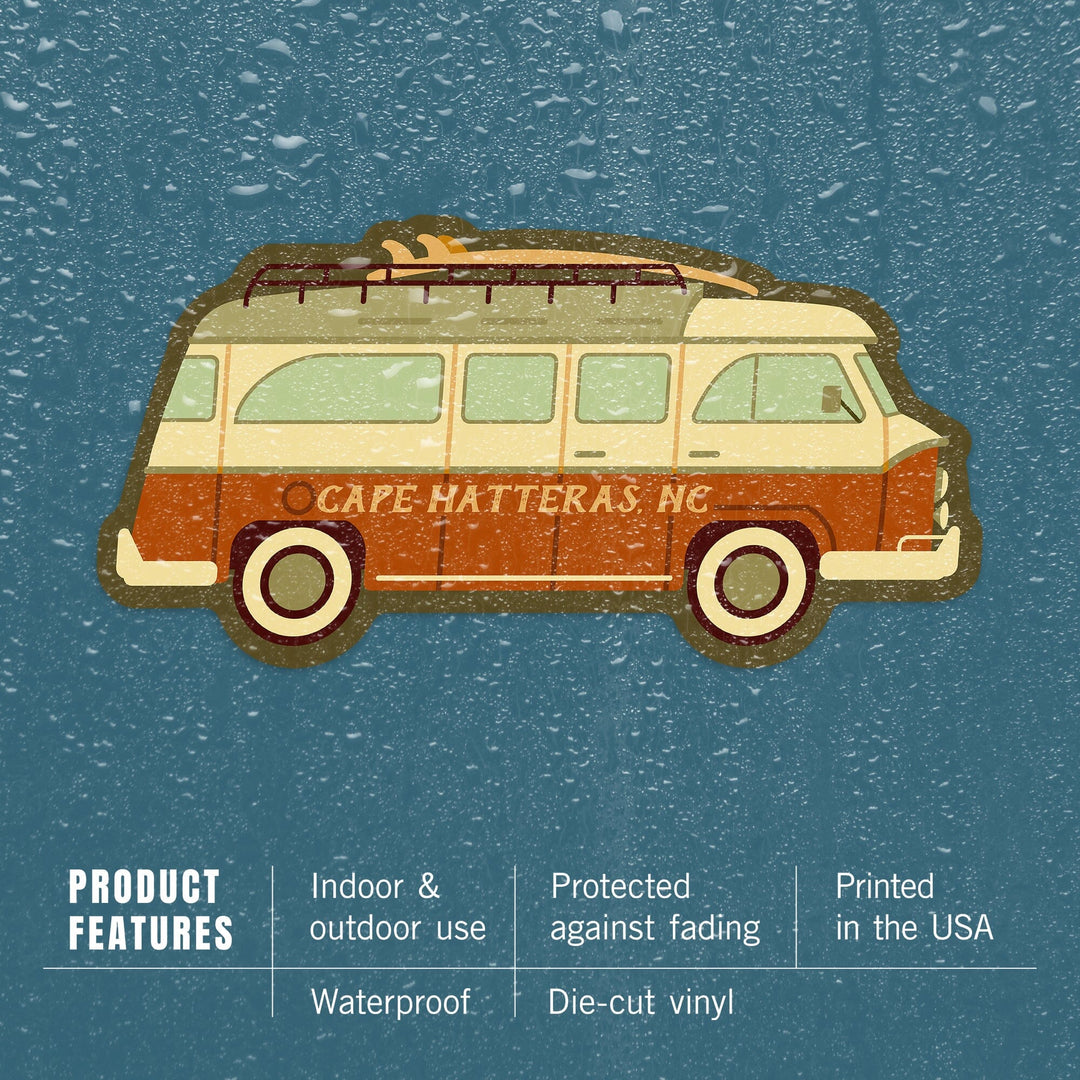 Cape Hatteras, North Carolina, Camper Van with Surfboard, Geometric, Contour, Vinyl Sticker - Lantern Press