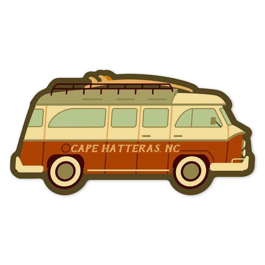 Cape Hatteras, North Carolina, Camper Van with Surfboard, Geometric, Contour, Vinyl Sticker - Lantern Press