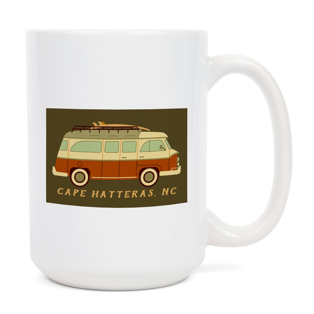 Cape Hatteras, North Carolina, Camper Van with Surfboard, Geometric, Lantern Press Artwork, Ceramic Mug Mugs Lantern Press 