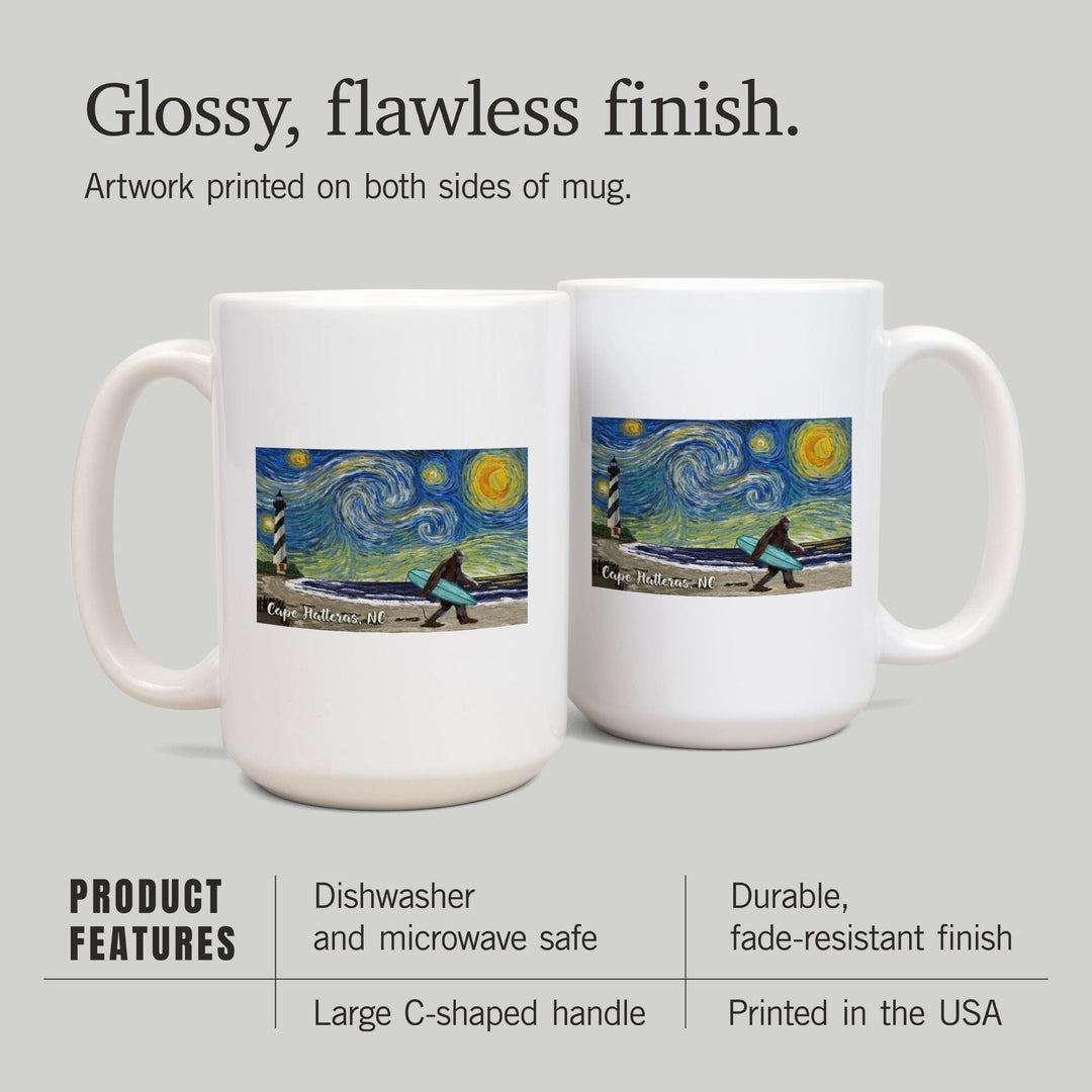 Cape Hatteras, North Carolina, Van Gogh Starry Night, Bigfoot, Lantern Press Artwork, Ceramic Mug - Lantern Press