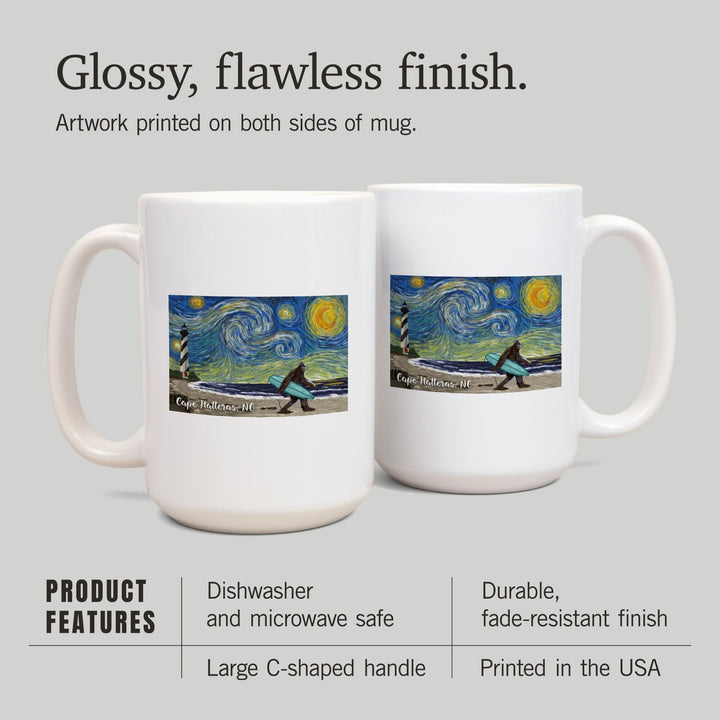 Cape Hatteras, North Carolina, Van Gogh Starry Night, Bigfoot, Lantern Press Artwork, Ceramic Mug - Lantern Press