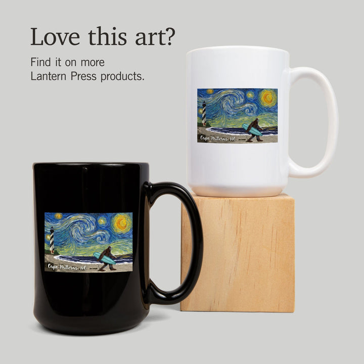 Cape Hatteras, North Carolina, Van Gogh Starry Night, Bigfoot, Lantern Press Artwork, Ceramic Mug - Lantern Press
