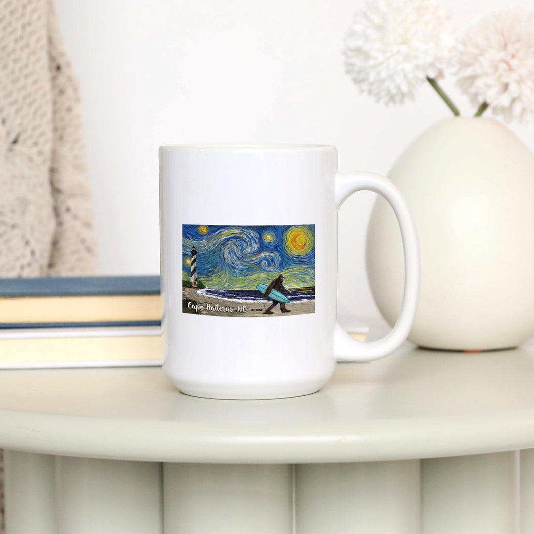 Cape Hatteras, North Carolina, Van Gogh Starry Night, Bigfoot, Lantern Press Artwork, Ceramic Mug - Lantern Press