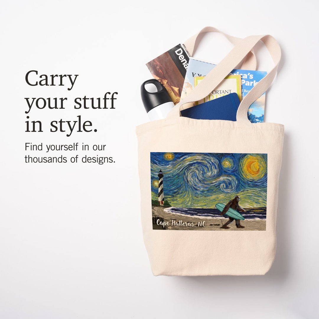 Cape Hatteras, North Carolina, Van Gogh Starry Night, Bigfoot, Lantern Press Artwork, Tote Bag - Lantern Press