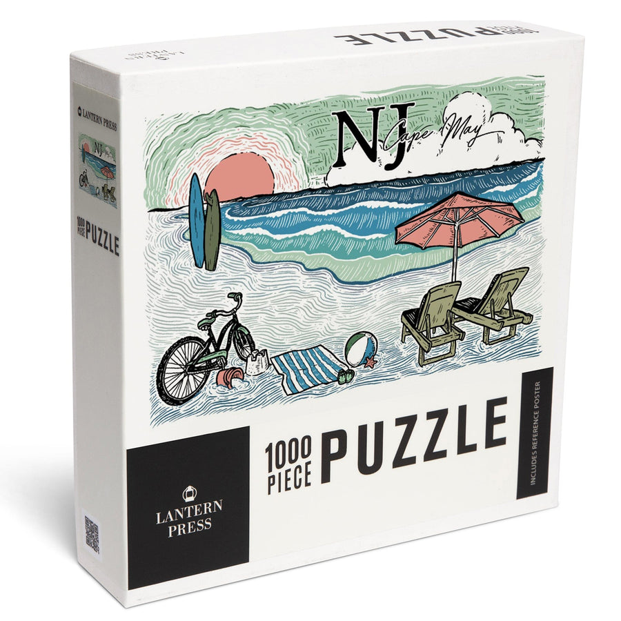Cape May, New Jersey, Beach Scene, Sketch, Jigsaw Puzzle Puzzle Lantern Press 