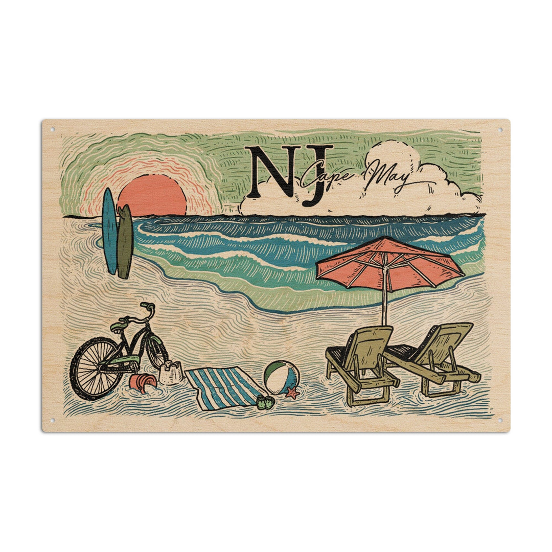 Cape May, New Jersey, Beach Scene, Sketch, Lantern Press Artwork, Wood Signs and Postcards - Lantern Press