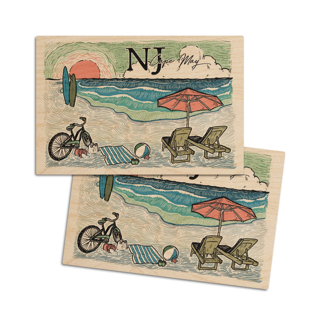 Cape May, New Jersey, Beach Scene, Sketch, Lantern Press Artwork, Wood Signs and Postcards - Lantern Press