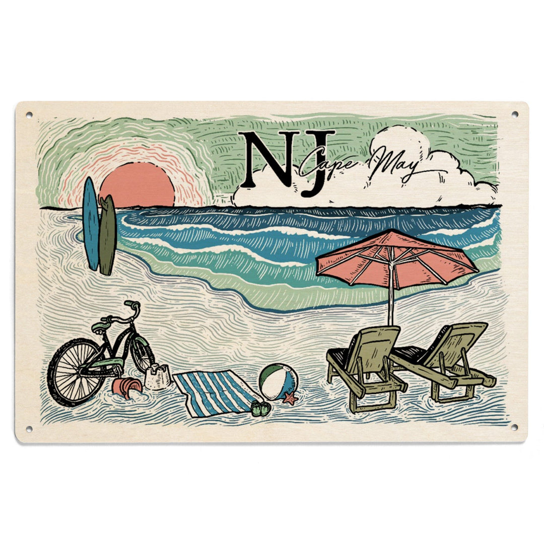 Cape May, New Jersey, Beach Scene, Sketch, Lantern Press Artwork, Wood Signs and Postcards - Lantern Press