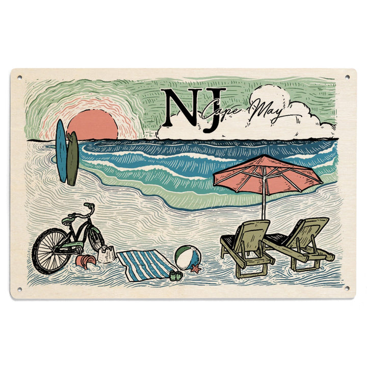 Cape May, New Jersey, Beach Scene, Sketch, Lantern Press Artwork, Wood Signs and Postcards Wood Lantern Press 