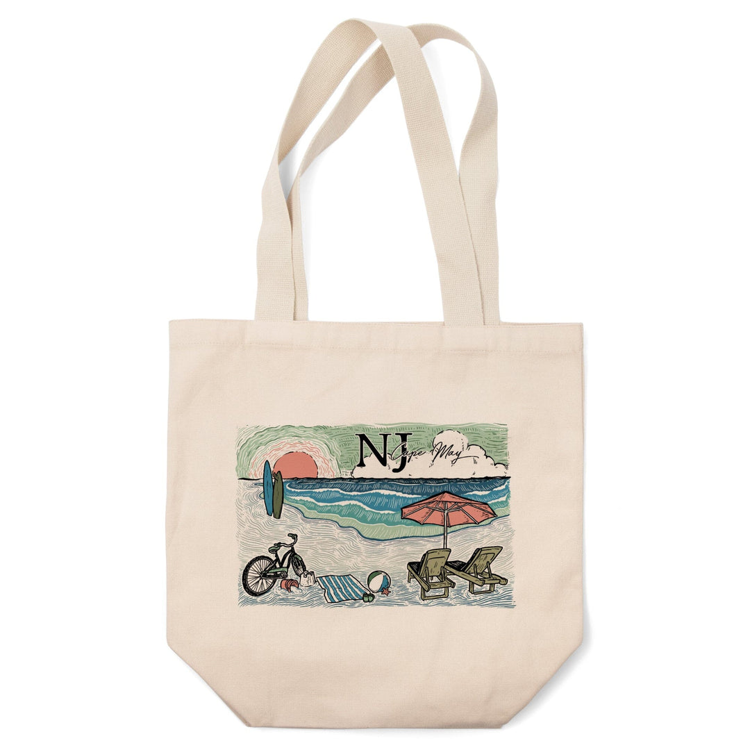 Cape May, New Jersey, Beach Scene, Sketch, Tote Bag Totes Lantern Press 