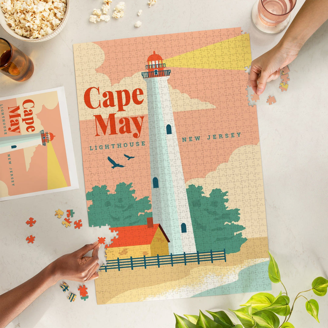 Cape May, New Jersey, Lighthouse Scene, Vector, Jigsaw Puzzle Puzzle Lantern Press 