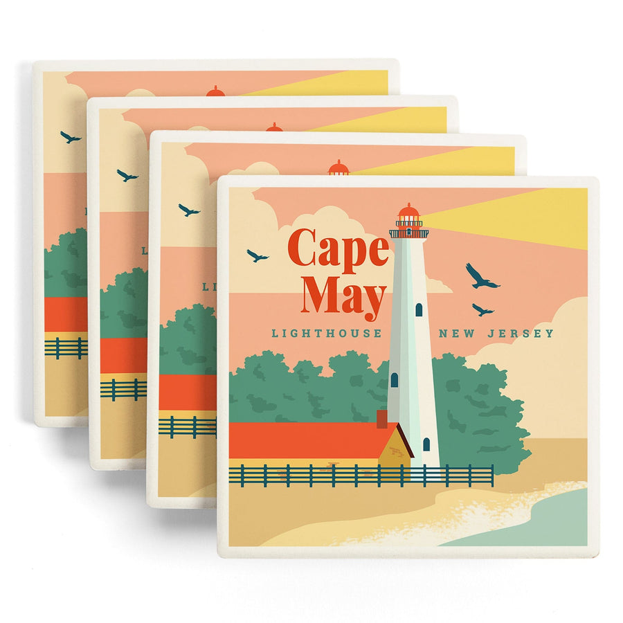 Cape May, New Jersey, Lighthouse Scene, Vector, Lantern Press Artwork, Coaster Set - Lantern Press