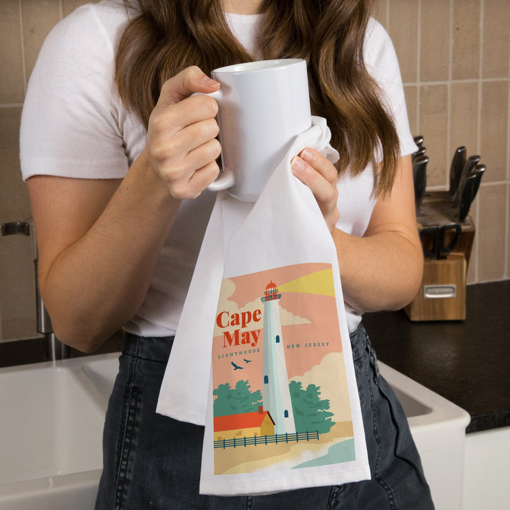 Cape May, New Jersey, Lighthouse Scene, Vector, Organic Cotton Kitchen Tea Towels Kitchen Lantern Press 