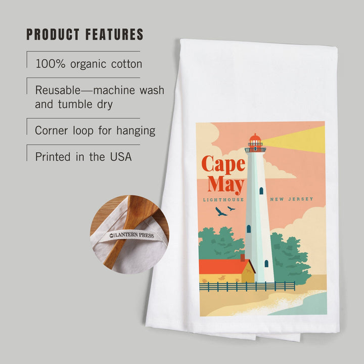 Cape May, New Jersey, Lighthouse Scene, Vector, Organic Cotton Kitchen Tea Towels Kitchen Lantern Press 