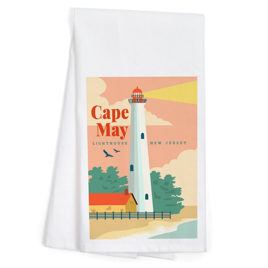 Cape May, New Jersey, Lighthouse Scene, Vector, Organic Cotton Kitchen Tea Towels Kitchen Lantern Press 
