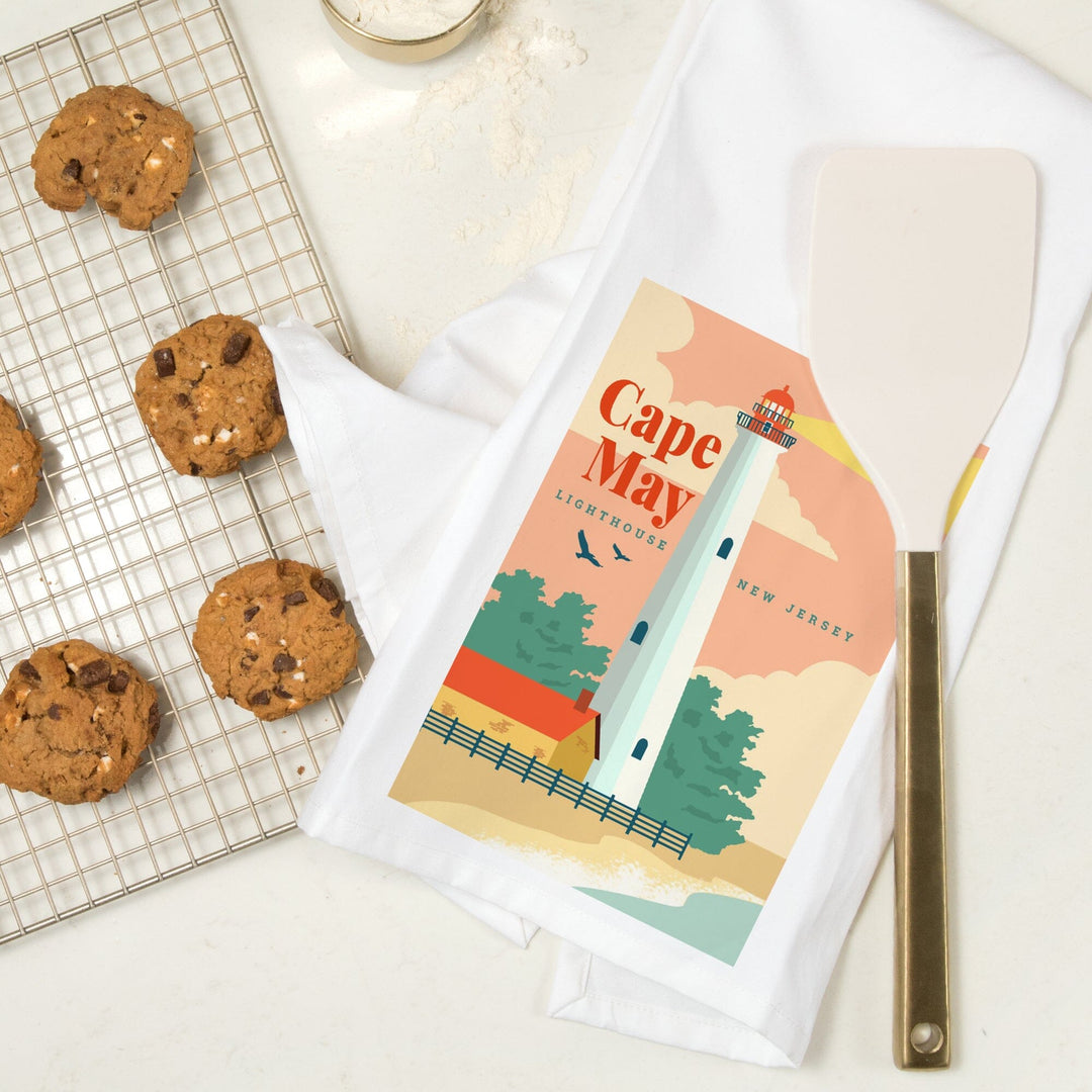 Cape May, New Jersey, Lighthouse Scene, Vector, Organic Cotton Kitchen Tea Towels Kitchen Lantern Press 