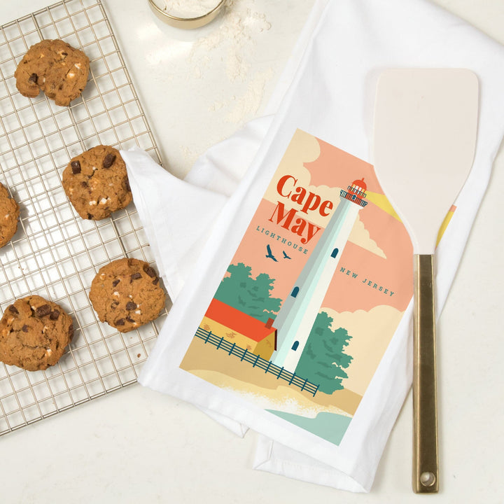 Cape May, New Jersey, Lighthouse Scene, Vector, Organic Cotton Kitchen Tea Towels Kitchen Lantern Press 