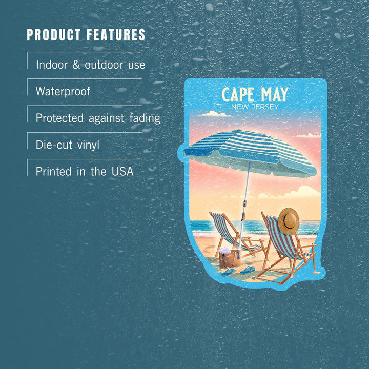 Cape May, New Jersey, Lithograph, Beach Chair and Umbrella, Contour, Vinyl Sticker Sticker Lantern Press 