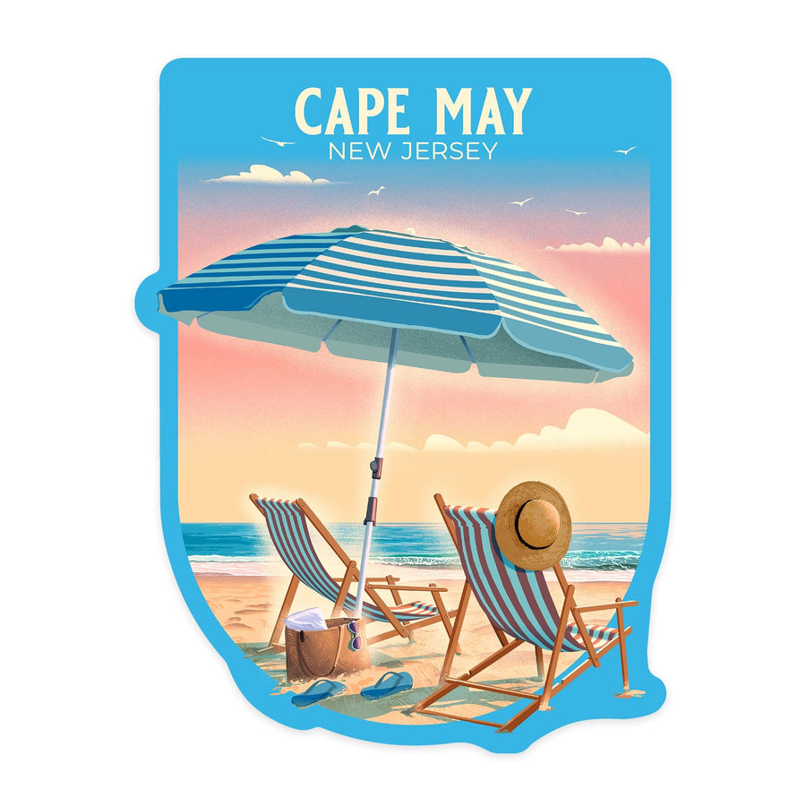Cape May, New Jersey, Lithograph, Beach Chair and Umbrella, Contour, Vinyl Sticker Sticker Lantern Press 