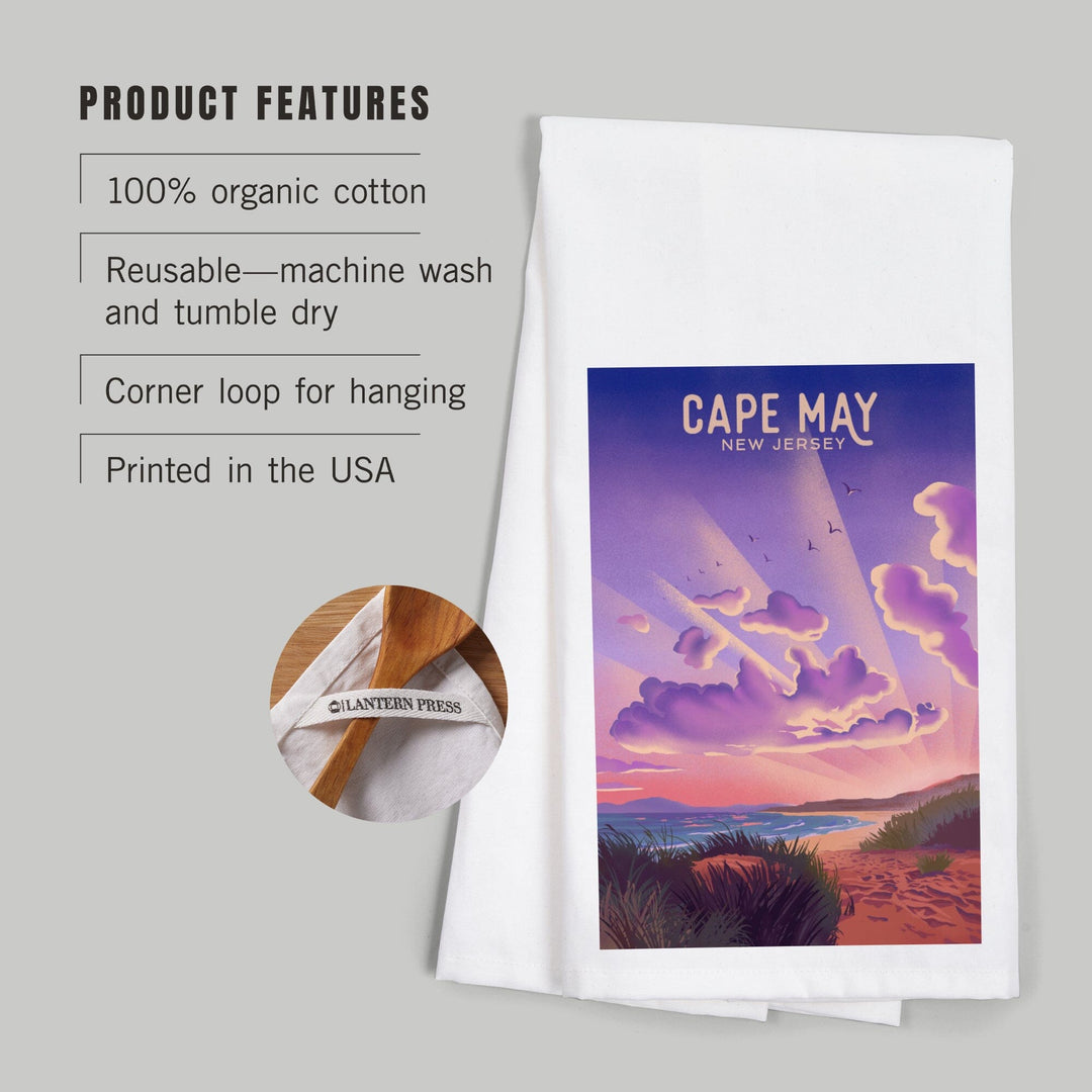 Cape May, New Jersey, Lithograph, New Shows Nightly, Beach Sunset, Organic Cotton Kitchen Tea Towels Kitchen Lantern Press 