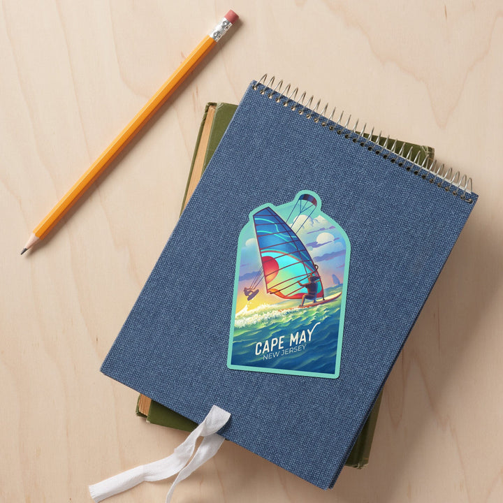 Cape May, New Jersey, Lithograph, Wind Rider, Windsurfing and Kitesurfing, Contour, Vinyl Sticker Sticker Lantern Press 