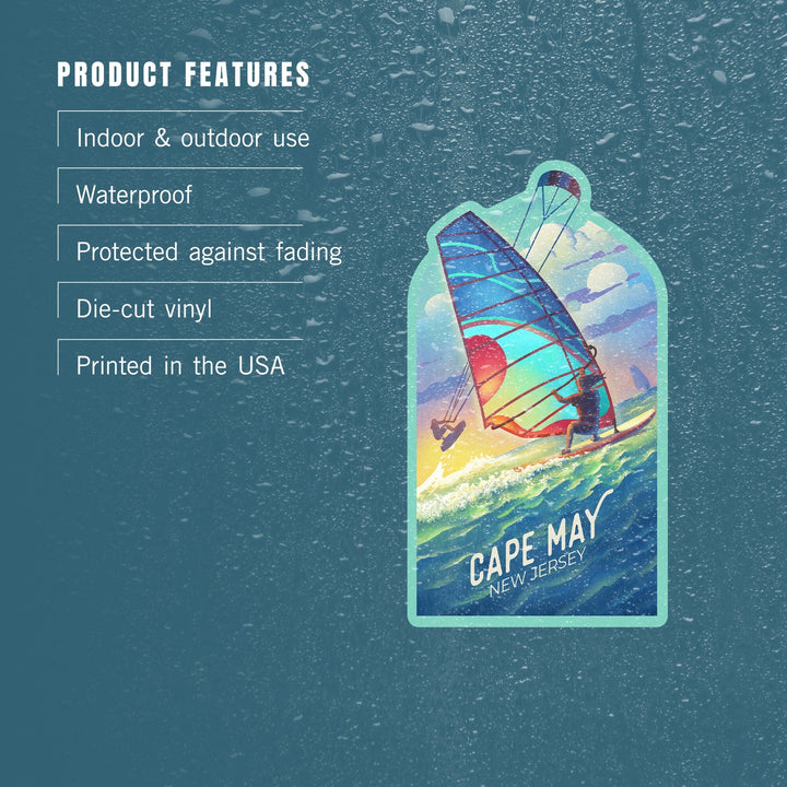 Cape May, New Jersey, Lithograph, Wind Rider, Windsurfing and Kitesurfing, Contour, Vinyl Sticker Sticker Lantern Press 