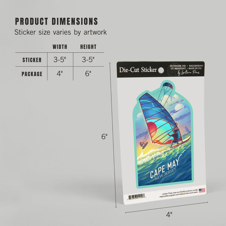 Cape May, New Jersey, Lithograph, Wind Rider, Windsurfing and Kitesurfing, Contour, Vinyl Sticker Sticker Lantern Press 
