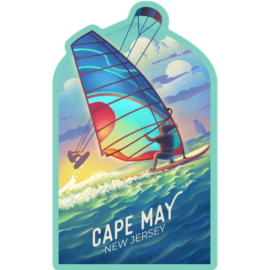 Cape May, New Jersey, Lithograph, Wind Rider, Windsurfing and Kitesurfing, Contour, Vinyl Sticker Sticker Lantern Press 