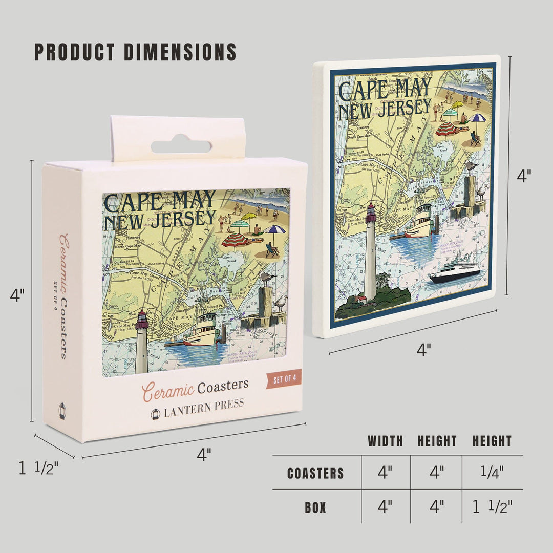 Cape May, New Jersey, Nautical Chart, Lantern Press Artwork, Coaster Set - Lantern Press